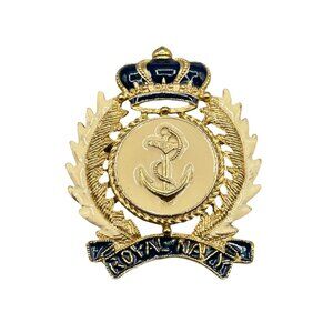 Vintage Royal Navy Enamel Pin Crown Brooch Badge Signed CRAFT Gold Tone 2.5"